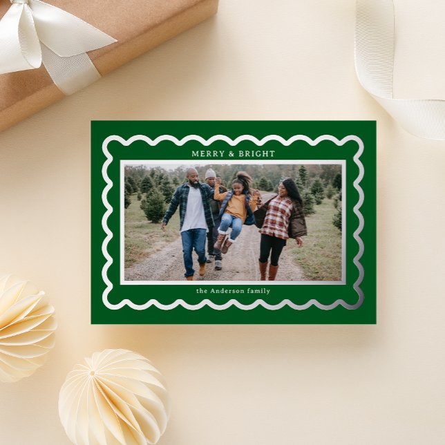 Silver and Dark Green Preppy Scallop Photo Frame Foil Holiday Card (A scalloped metallic foil frame gives your photo a preppy Kate spade vibe on dark green)