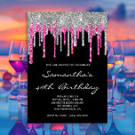 Silver and Deep Pink Glitter Drips Black Birthday Invitation<br><div class="desc">A pretty invitation for her fabulous 40th birthday party celebration.
The faux sparkly silver and deep pink or hot pink glitter drips created with digital art graphics against solid black.
Customise the elegant font style,  size,  spacing and colour as needed.
Customisable birthday party invites. Glam and chic invitations.</div>