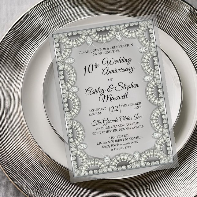 Silver and Diamond 10th Wedding Anniversary Party Acrylic Invitations (Elegant Silver-Tone and Diamond 10th Wedding Anniversary Party Acrylic Invitations)