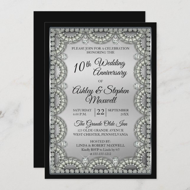 Silver and Diamond 10th Wedding Anniversary Party Invitation (Front/Back)