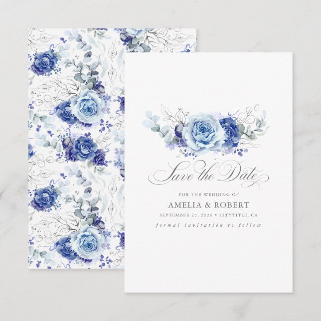 Silver and Dusty Blue Floral Save the Date (Front/Back)
