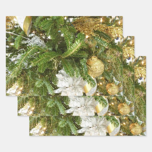 Silver and Gold Christmas Tree I Holiday Wrapping Paper Sheet (Set)