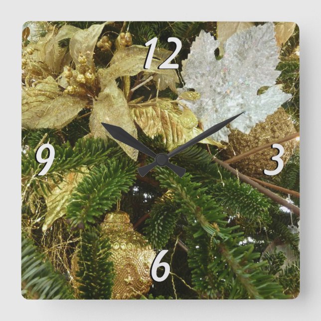 Silver and Gold Christmas Tree II Holiday Square Wall Clock (Front)
