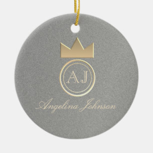 Silver and Gold Crown Monogram Christmas Ceramic Ornament