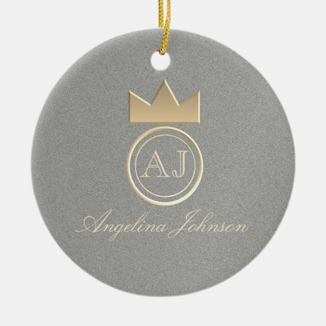 Silver and Gold Crown Monogram Christmas Ceramic Ornament (Front)