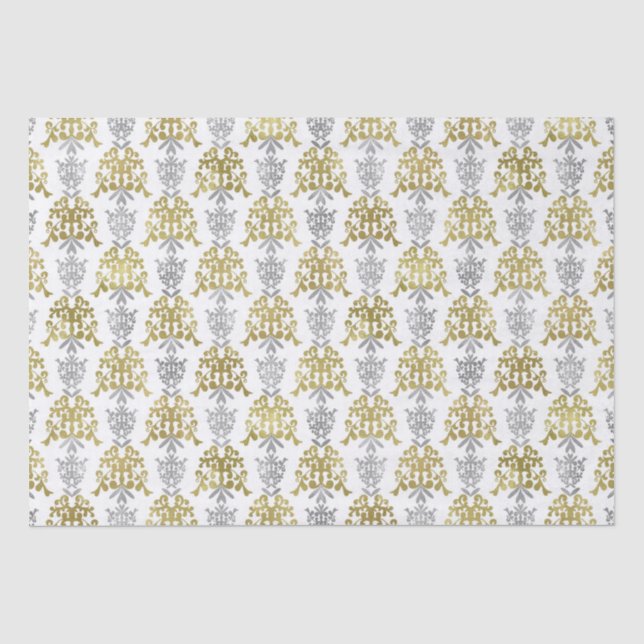 Silver and Gold Damask Pattern Tissue Paper (Front)
