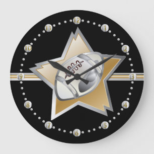 Silver and Gold Football and Star Large Clock