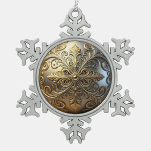 Silver And Gold Grunge Designed Snowflake Pewter Christmas Ornament