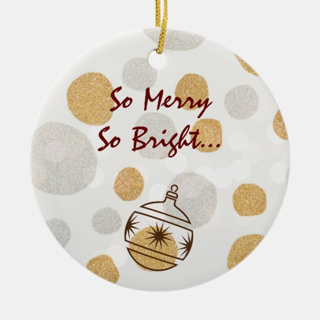 Silver and Gold Merry & Bright Christmas Tree Ceramic Ornament (Front)