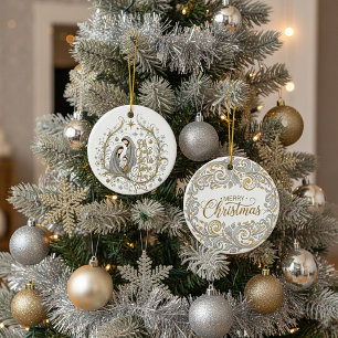 Silver and gold nativity Christmas Ceramic Ornament