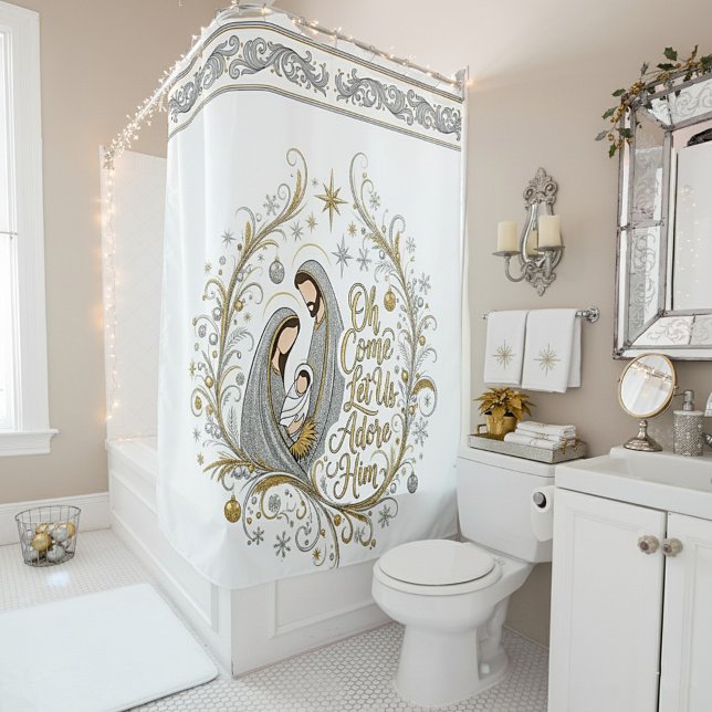 Silver and gold nativity Christmas Shower Curtain (Creator Uploaded)