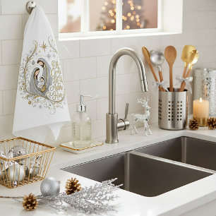 Silver and gold nativity Christmas Tea Towel