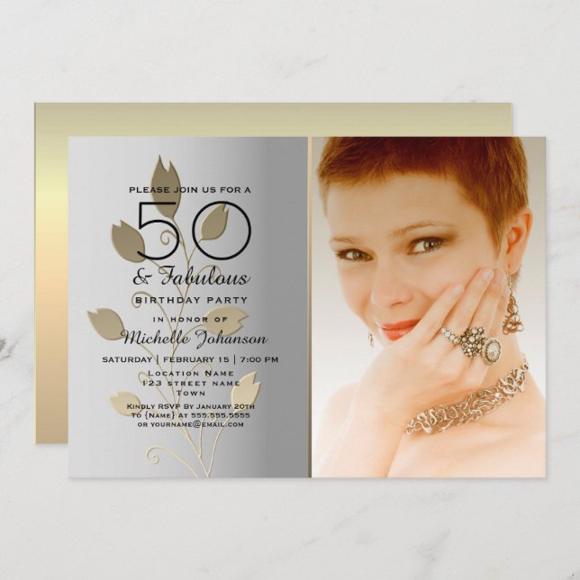 Silver and Gold Photo 50th Birthday Invitation (Front/Back)
