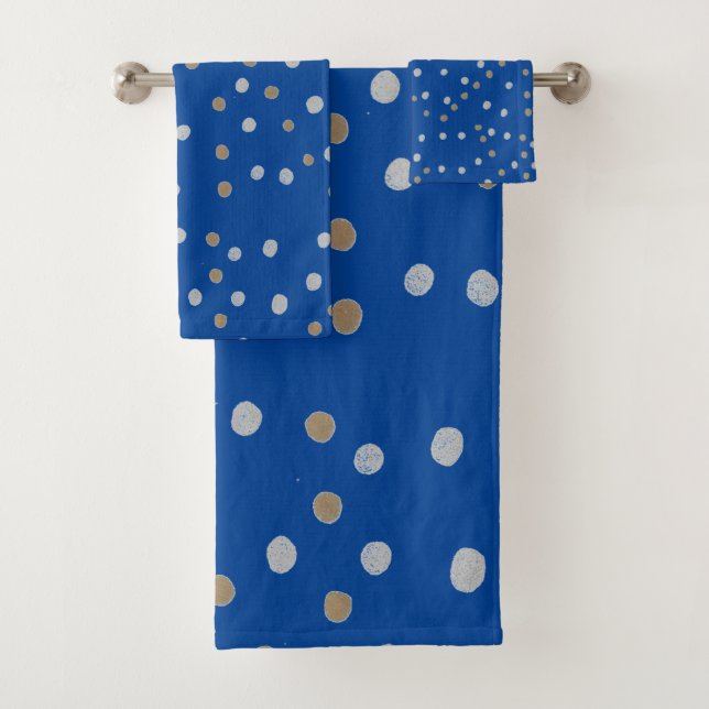 Silver and Gold Polka Dots on Blue  Bath Towel Set (Insitu)