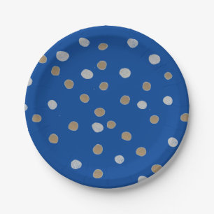 Silver and Gold Polka Dots on Blue Paper Plate