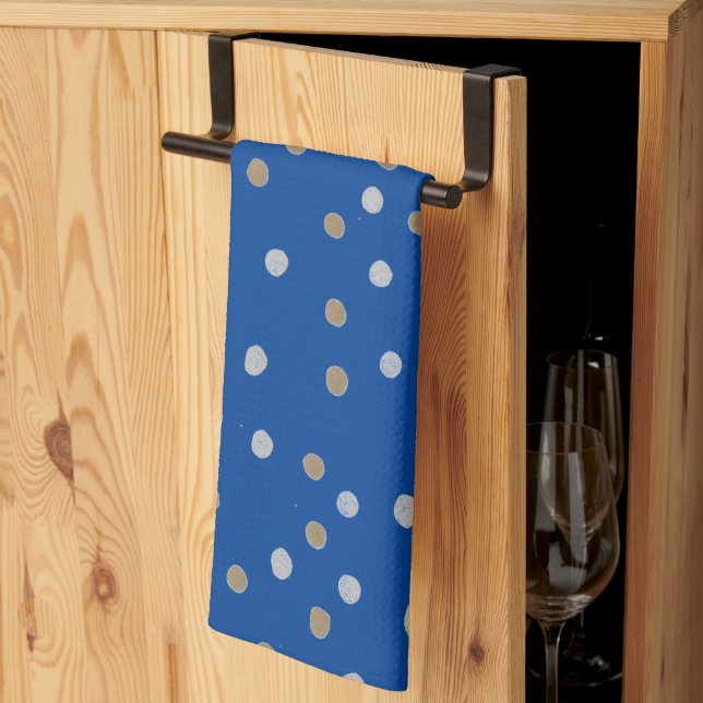 Silver and Gold Polka Dots on Blue  Tea Towel (Thirds Fold)