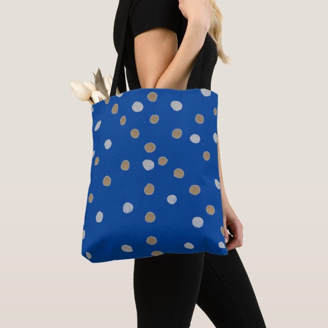 Silver and Gold Polka Dots on Blue Tote Bag (Close Up)