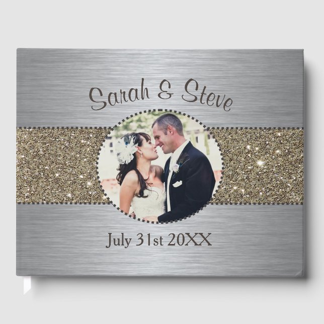 Silver and Gold Sparkle Photo Wedding Guest Book (Front)