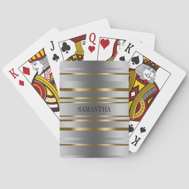 Silver and Gold Stripes Pattern Tote Bag Playing Cards (Back)