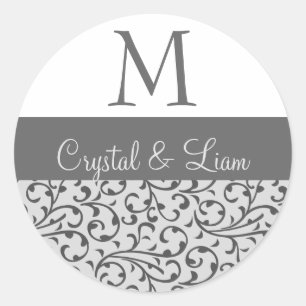 SILVER and GRAY Damask Wedding Monogram Classic Round Sticker