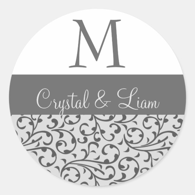 SILVER and GRAY Damask Wedding Monogram Classic Round Sticker (Front)