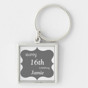 Silver and Gray Happy 16th Birthday personalised Key Ring