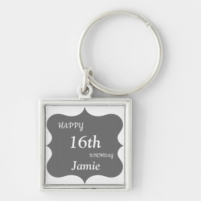 Silver and Gray Happy 16th Birthday personalised Key Ring (Front)