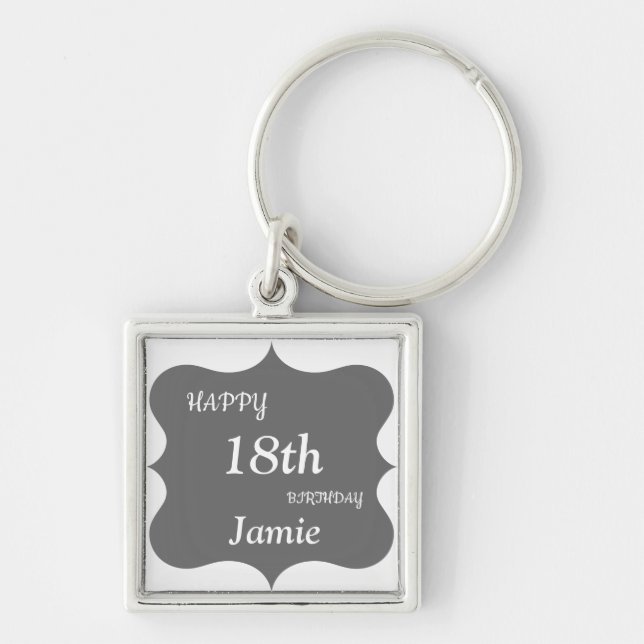 Silver and Gray Happy 18th Birthday personalised Key Ring (Front)