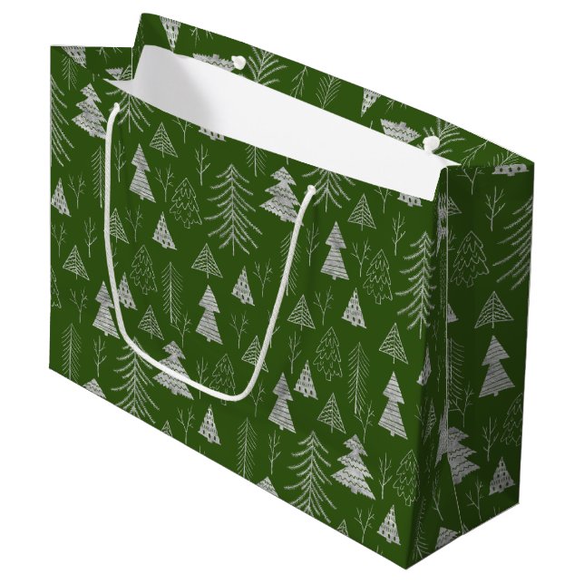 Silver and Green Christmas Tree Forest Pattern Large Gift Bag (Front Angled)