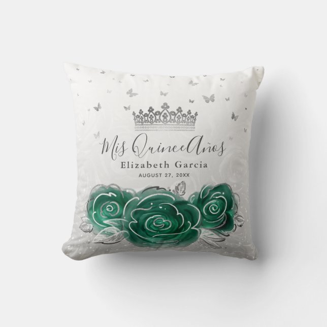 Silver and Green Rose Quinceanera Mis Quince Anos Cushion (Front)