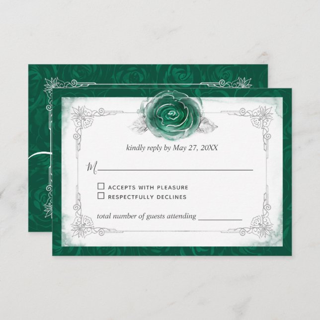 Silver and Green Roses Elegant RSVP Card (Front/Back)