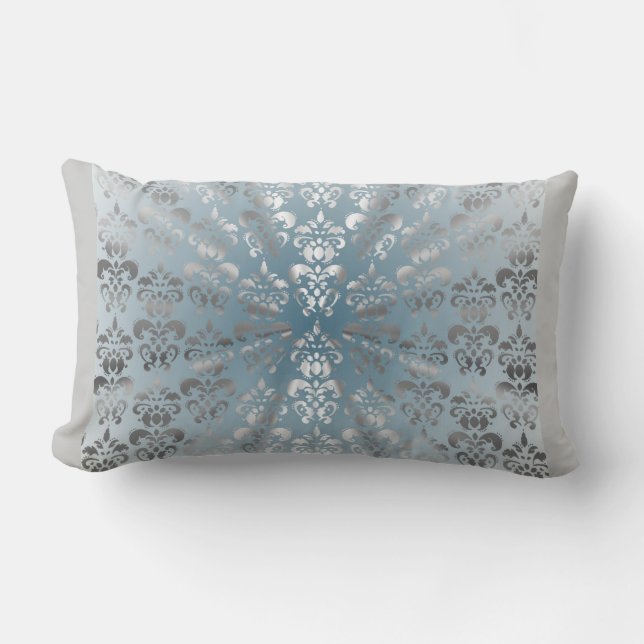 Silver and grey/blue damask lumbar cushion (Front)