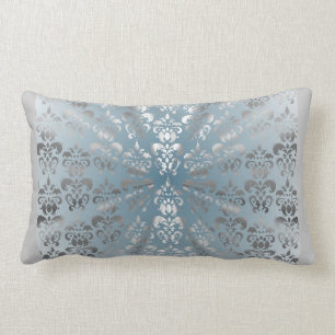 Silver and grey/blue damask lumbar cushion