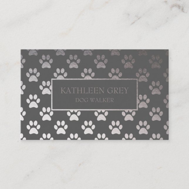 Silver And Grey Paw Print Pattern | Dog Walker Business Card (Front)