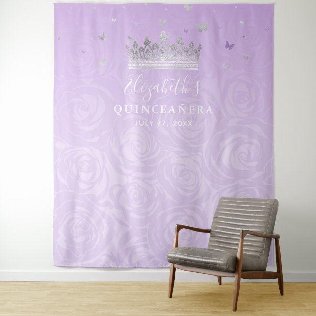 Silver and Light Purple Roses Photo Backdrop Tapestry (In Situ)