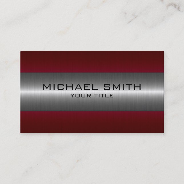 Silver and Maroon Stainless Steel Look Business Card (Front)