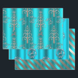 Silver and Metallic Aqua Christmas Wrapping Paper Sheet<br><div class="desc">A gorgeous teal (or aqua) and silver Christmas wrapping paper featuring three different designs. The first sheet consists of a very colourful metallic aqua gradient base with silver Christmas trees and reindeer, with the words 'Merry and Bright'. The second sheet has an aqua background with silver reindeer inside metallic silver...</div>