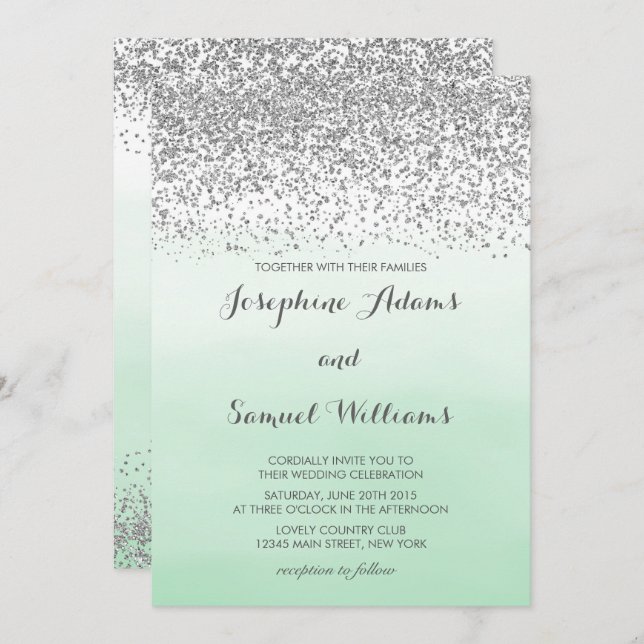 Silver and Mint Green Wedding Invitation (Front/Back)