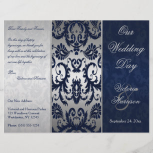 Silver and Navy Blue Damask Wedding Program