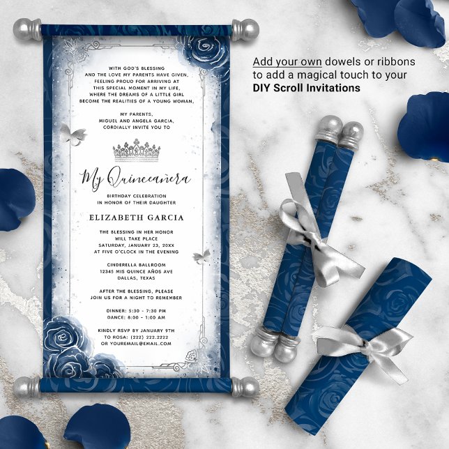 Silver and Navy Blue Quince DIY Scroll Invitations (DIY scrolls do not come with dowels. Add your own or roll up with a ribbon for an elegant touch!)