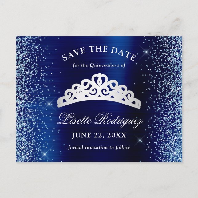 Silver And Navy Blue Quinceanera Save The Date Postcard (Front)