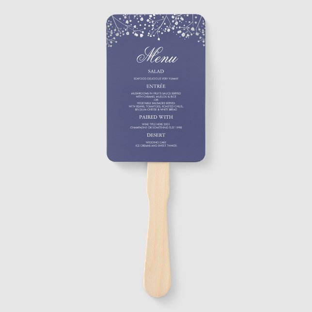 Silver and Navy Blue Wedding Menus Hand Fan (Front)