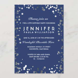 Silver and Navy Confetti Vintage Birthday Party Invitation