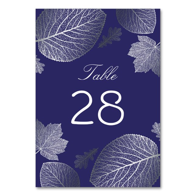 Silver and Navy Fall Leaves Wedding Table Number (Front)