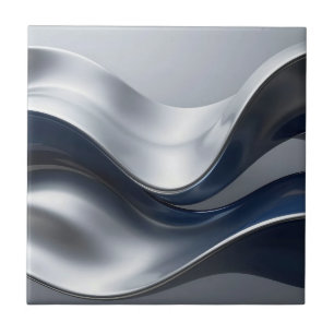 Silver And Navy Fluid Waves Abstract Modern Design Ceramic Tile