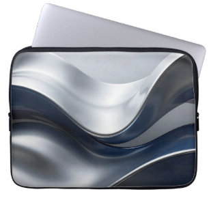 Silver And Navy Fluid Waves Abstract Modern Design Laptop Sleeve