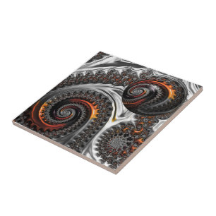 Silver and Orange Mandelbrot Sphere Ceramic Tile