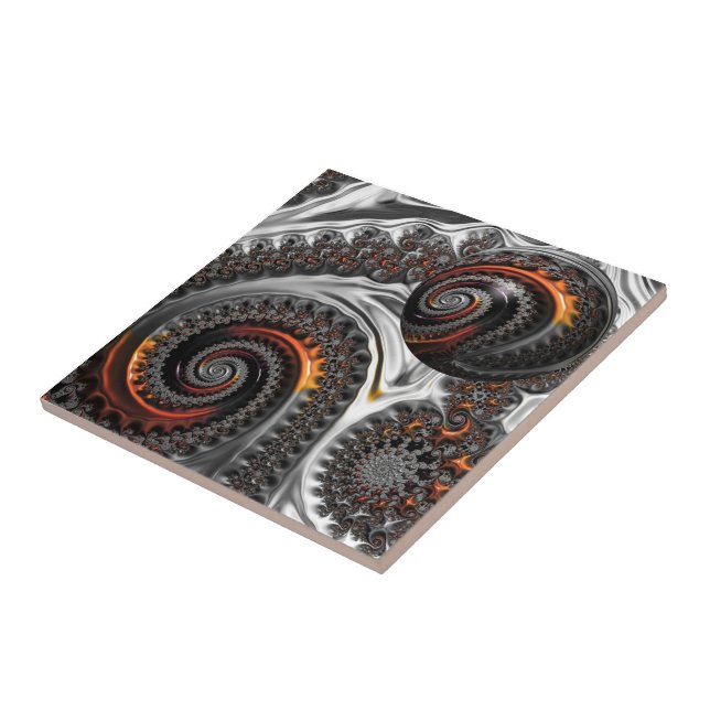 Silver and Orange Mandelbrot Sphere Ceramic Tile (Side)