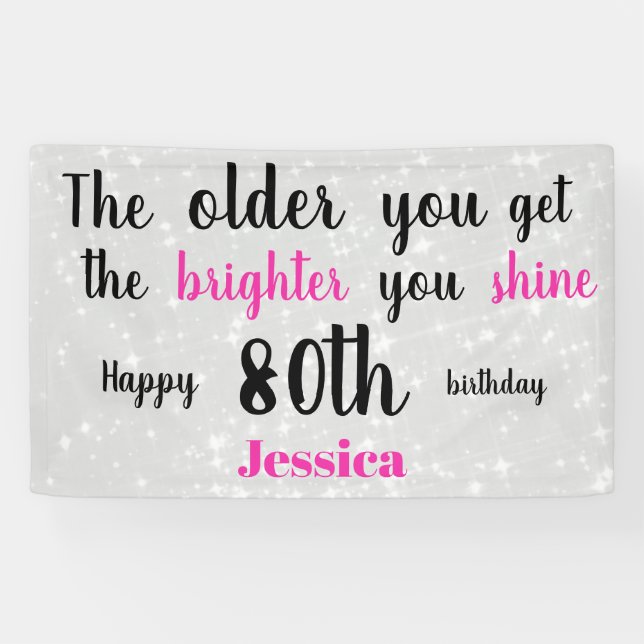 Silver and Pink 80th Birthday personalised Banner (Horizontal)