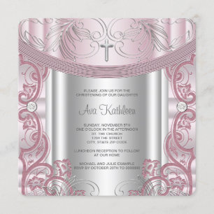 Silver and Pink Baby Girl Christening Invitation